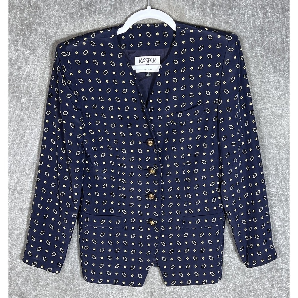 Vintage Kasper For A.S.L. Blazer Womens Sz 6 Blue Geometric Four Button Pockets